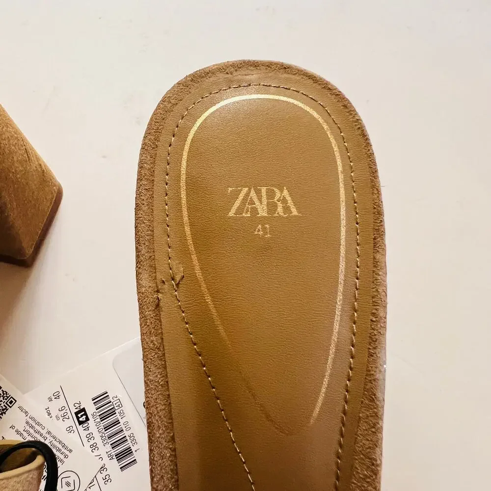 Zara Suede Triple Strap Block Heel Sandals Size 41 NWT Brown